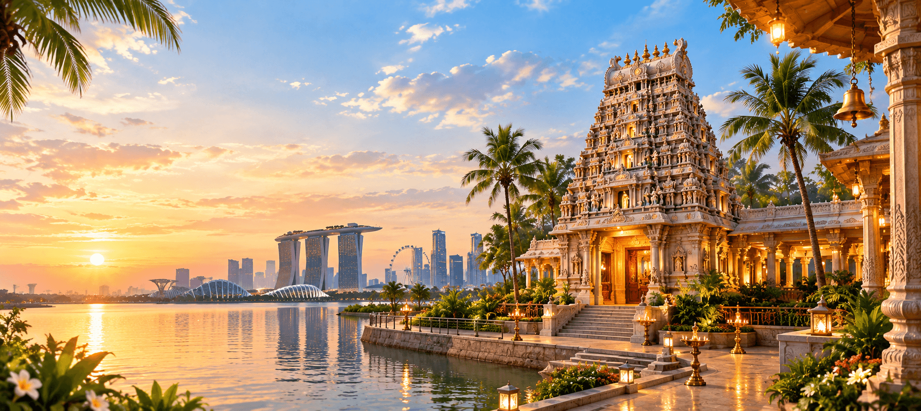 Illuminated ancient South Indian temple gopuram
