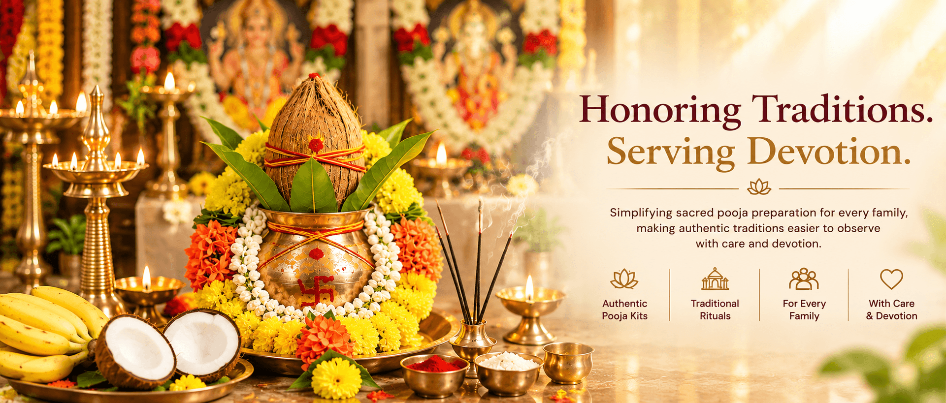Sacred Kalash and Brass Lamps Pooja Setup