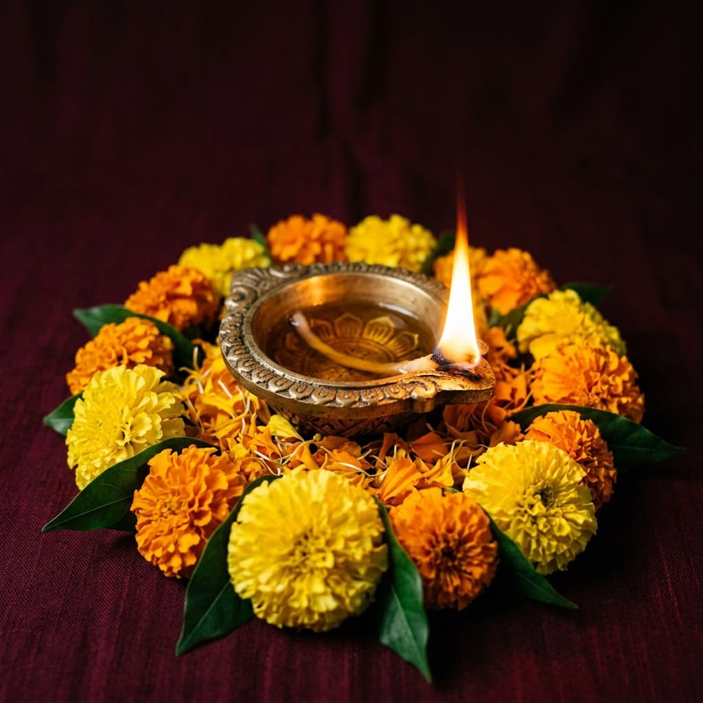 Pooja Diya with marigold flowers