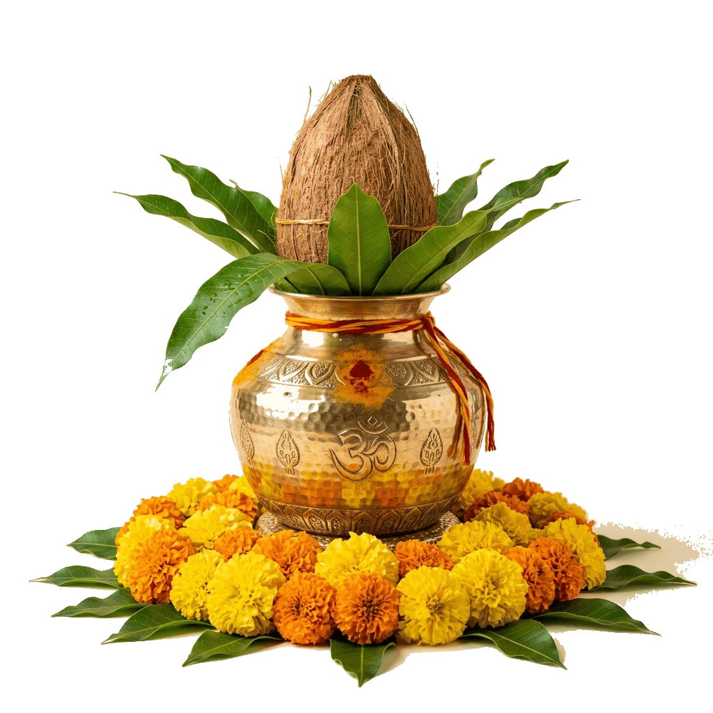 Sacred Kalash with Coconut and Mango Leaves